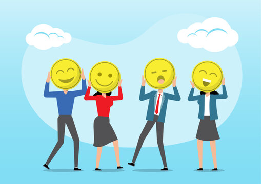 Group of diverse people holding happy emoticons