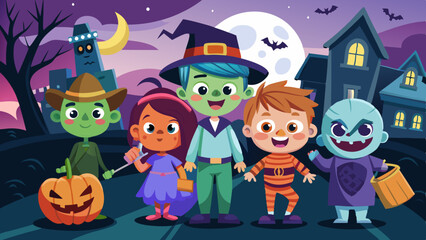 Fototapeta premium Spooky Neighborhood with Kids in Monster Costumes and Bats Flying Overhead