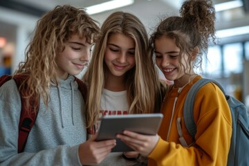 high school teens and happy to learn, looking at tablet