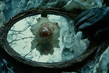 Broken Mirror with Rose, Glass Bird, and Black Glove