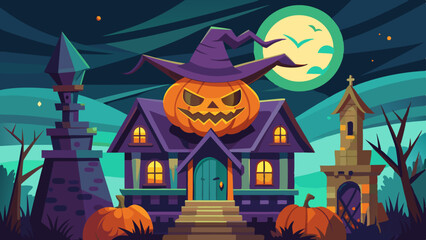 Haunted House with Spooky Pumpkin, Cobwebs, and Eerie Shadows
