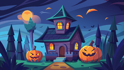 Fototapeta premium Haunted House with Spooky Pumpkin, Cobwebs, and Eerie Shadows 