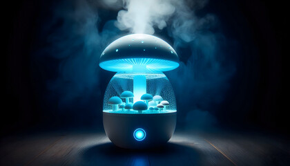 A blue mushroom shaped lamp with smoke coming out of it