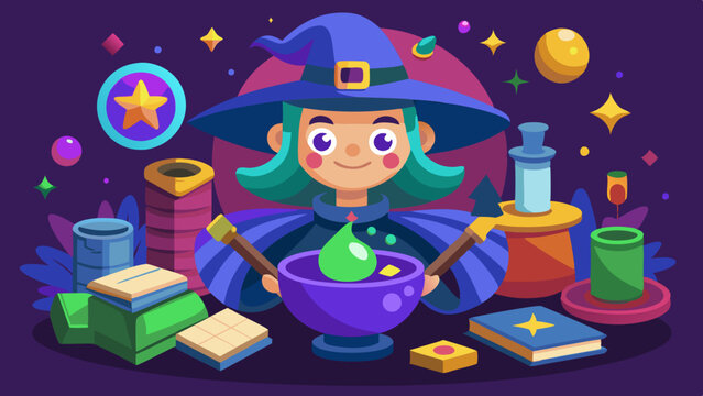 A witch’s workshop filled with strange potions, bubbling cauldrons, and magical artifacts on dusty shelves.
