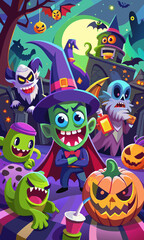 Obraz premium Spooky Halloween Party with Dancing Monsters, Witches, and Ghosts 