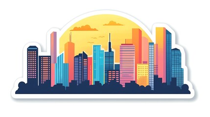 Urban Sunset Skyline Sticker - Modern Cityscape Vector Illustration on White Background