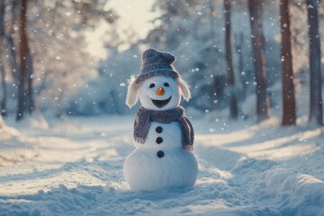 Obraz premium Cute dog like a snowman in winter forest. Happy snowman with generative ai
