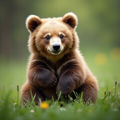 Obraz premium Cute baby brown bear in the green forest, wild animal character 