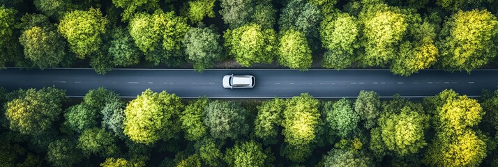 Aerial view of a white car driving through a dense forest on a straight asphalt road.