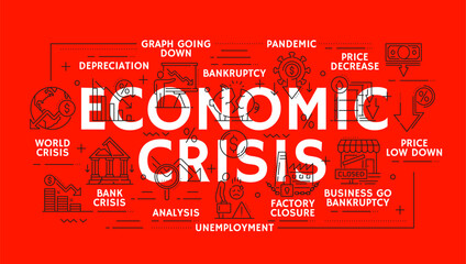 Obraz premium Money loss and economic crisis, money market crash and global financial downturn, vector line icons. Economic crisis icons of bankruptcy, price decrease with money inflation and unemployment growth