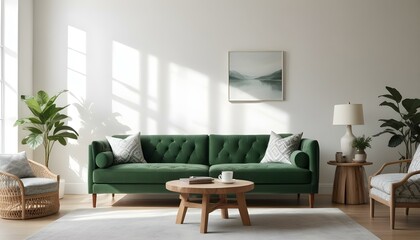 Fototapeta premium Green velvet sofa with white and gray patterned pillows, wooden coffee table, and natural light from windows.