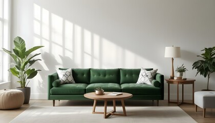 Green velvet sofa with white and gray patterned pillows, wooden coffee table, and natural light from windows.