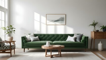 Green velvet sofa with white and gray patterned pillows, wooden coffee table, and natural light from windows.