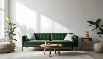 Green velvet sofa with white and gray patterned pillows, wooden coffee table, and natural light from windows.