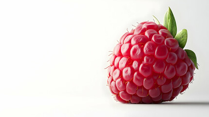 A Single, Ripe Raspberry with Delicate Green Leaves on a White Background