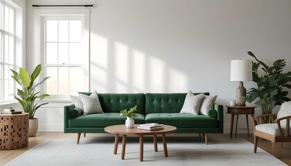 Fototapeta premium Green velvet sofa with white and gray patterned pillows, wooden coffee table, and natural light from windows.