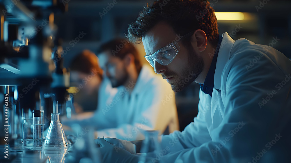Poster a scientist carefully examines a sample in a lab setting, researching and experimenting