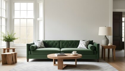 Green velvet sofa with white and gray patterned pillows, wooden coffee table, and natural light from windows.