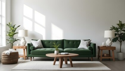 Green velvet sofa with white and gray patterned pillows, wooden coffee table, and natural light from windows.
