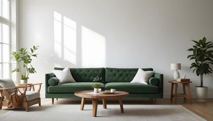 Green velvet sofa with white and gray patterned pillows, wooden coffee table, and natural light from windows.