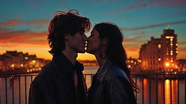 On a roof terrace or balcony, a man and woman embrace and kiss. Summertime with a quaint village and a dark blue sky in the background.