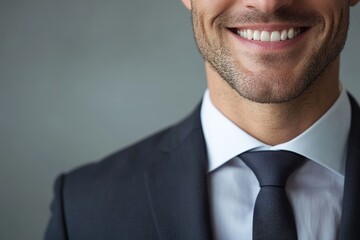 Close-up of smiling man in suit with gray background
