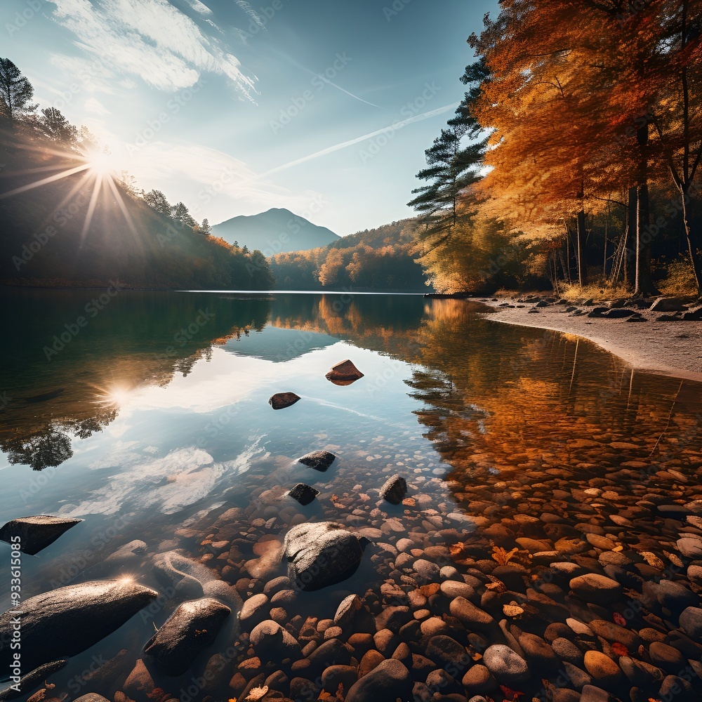 Poster a lake with rocks and trees in the background.