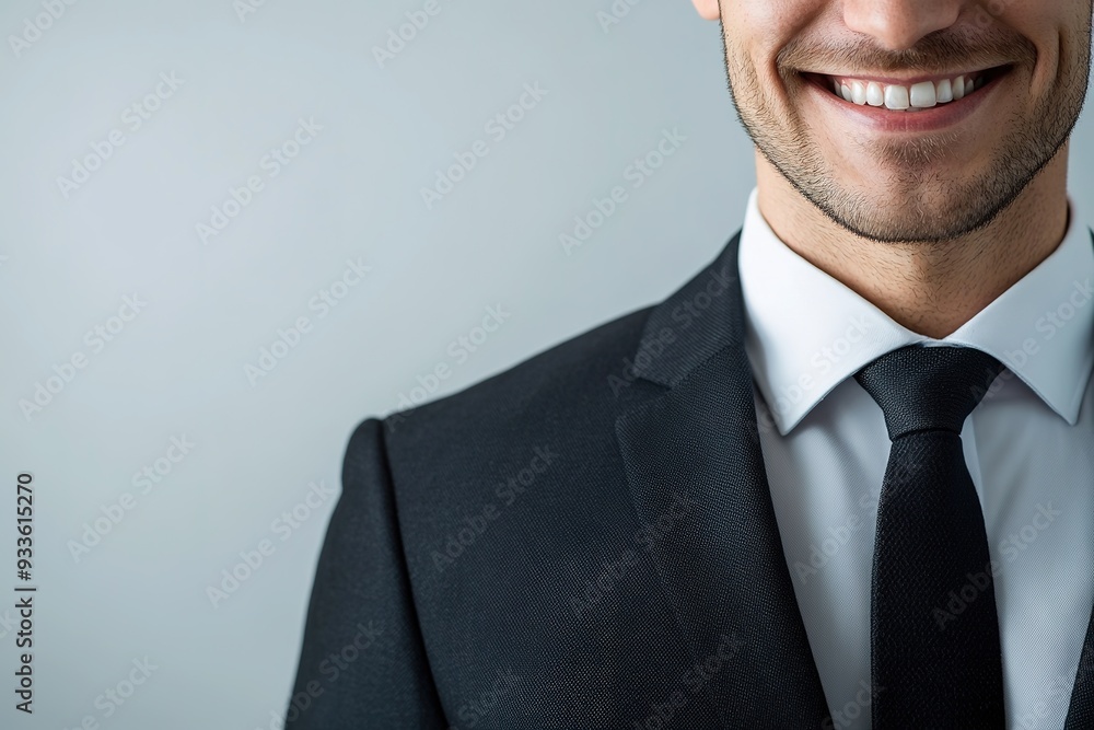 Wall mural smiling businessman in suit, cropped close-up, grey background