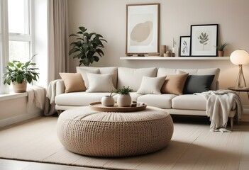 Frame mockup: The living room interior has fabric armchair plants on an empty yellow wall background.3d render