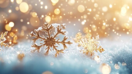 Sparkling Golden Snowflakes on a Wintery Background