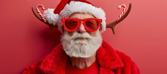Bearded Man With White Beard Wearing Red Sunglasses and Santa Outfit Against Red Background