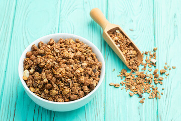 Homemade grain granola . Healthy energy eating . Top view