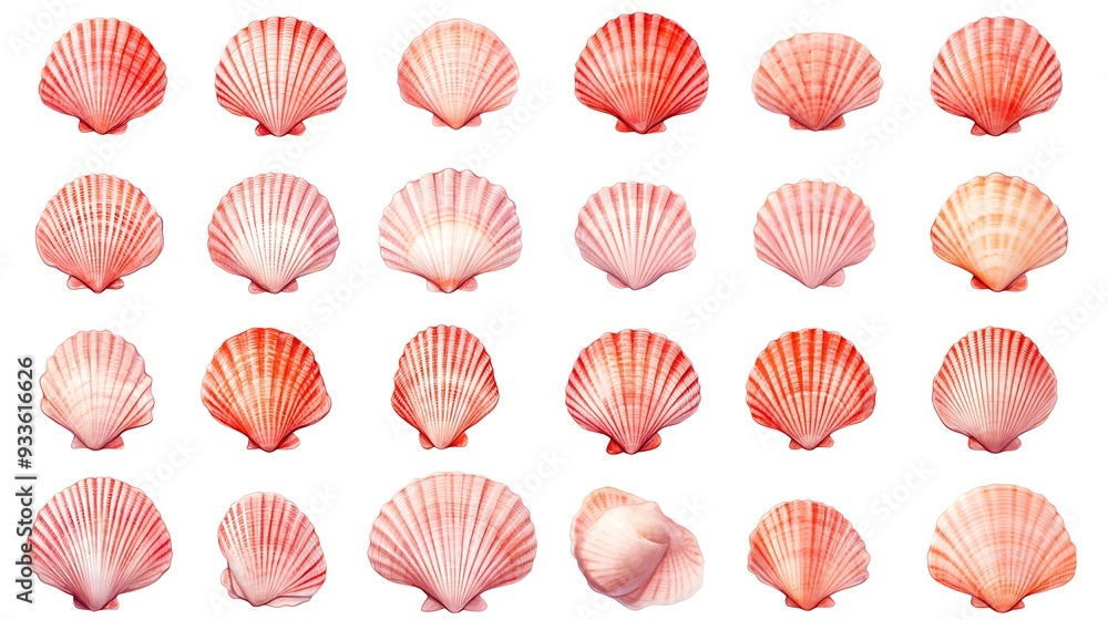 Poster elegant collection of coral pink seashells on white background in rows of 50 | minimalistic shell il
