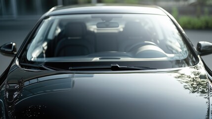 Front windshield of a black car clean and clear close up outdoors, offering a broad canvas for mockup
