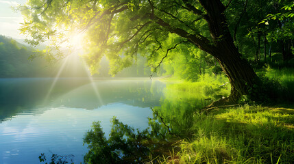 The concept of nature protection. June 5 is World Environment Day. A corner of paradise in the middle of nature. An old tree leaned over the lake in the sunlight
