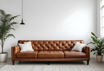 A large, tufted leather sofa with a wooden frame in a minimalist living room setting with white walls.