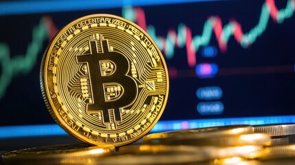 Golden bitcoin coin against a backdrop of fluctuating stock market charts, cryptocurrency, volatile investment