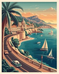 A detailed and nostalgic vintage travel poster, featuring a stylized illustration of a famous travel destination. 