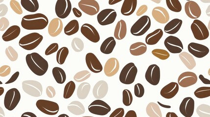 Obraz premium Seamless pattern of various coffee beans in shades of brown and beige isolated on white. Perfect for coffee-themed designs and backgrounds.