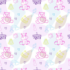 Set of child's life doodles, sketch outline elements. Sweets, toys, rainbow, sun and other elements for your design. Seamless background. Vector illustration
