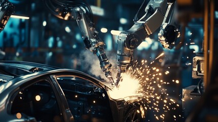 Industrial Robot Welding a Car Body