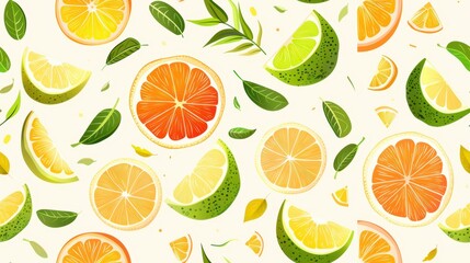 Watercolor seamless pattern of vibrant citrus slices in orange, lemon, lime, and grapefruit colors on a white background. Fresh and zesty design.