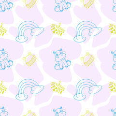 Cute baby seamless pattern with animals and toys and rainbow. Vector seamless texture.