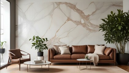 A modern living room with a large brown leather sofa, a potted plant, and a marble-patterned wall.
