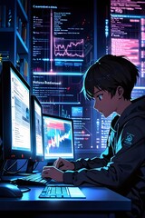 Anime-Style IT Student Studying Digital Code and Cybersecurity