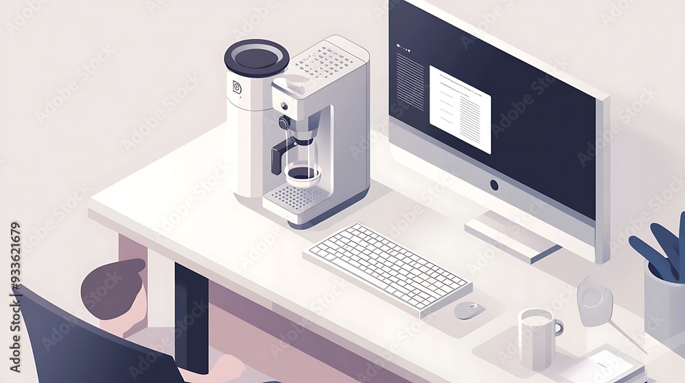 Poster modern workspace with isometric coffee maker, computer user, and minimalist design in white and stee