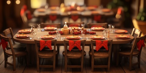 Festive holiday table setting with red accents, ready for a Christmas dinner celebration. The warm lighting and wooden furniture create an inviting and joyful atmosphere.