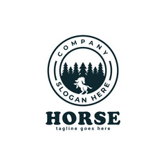 horse farm in pine forest logo vector template