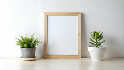 Minimalist modern  interior with a wooden photo frame mockup and succulent plants against a clean, white background.