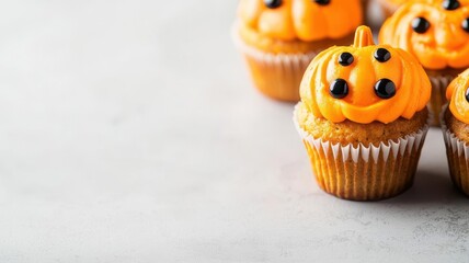 Muffins shaped like creepy jack-o'-lanterns, topped with orange frosting and black candy eyes, Halloween muffin, Spooky pumpkin-themed treat